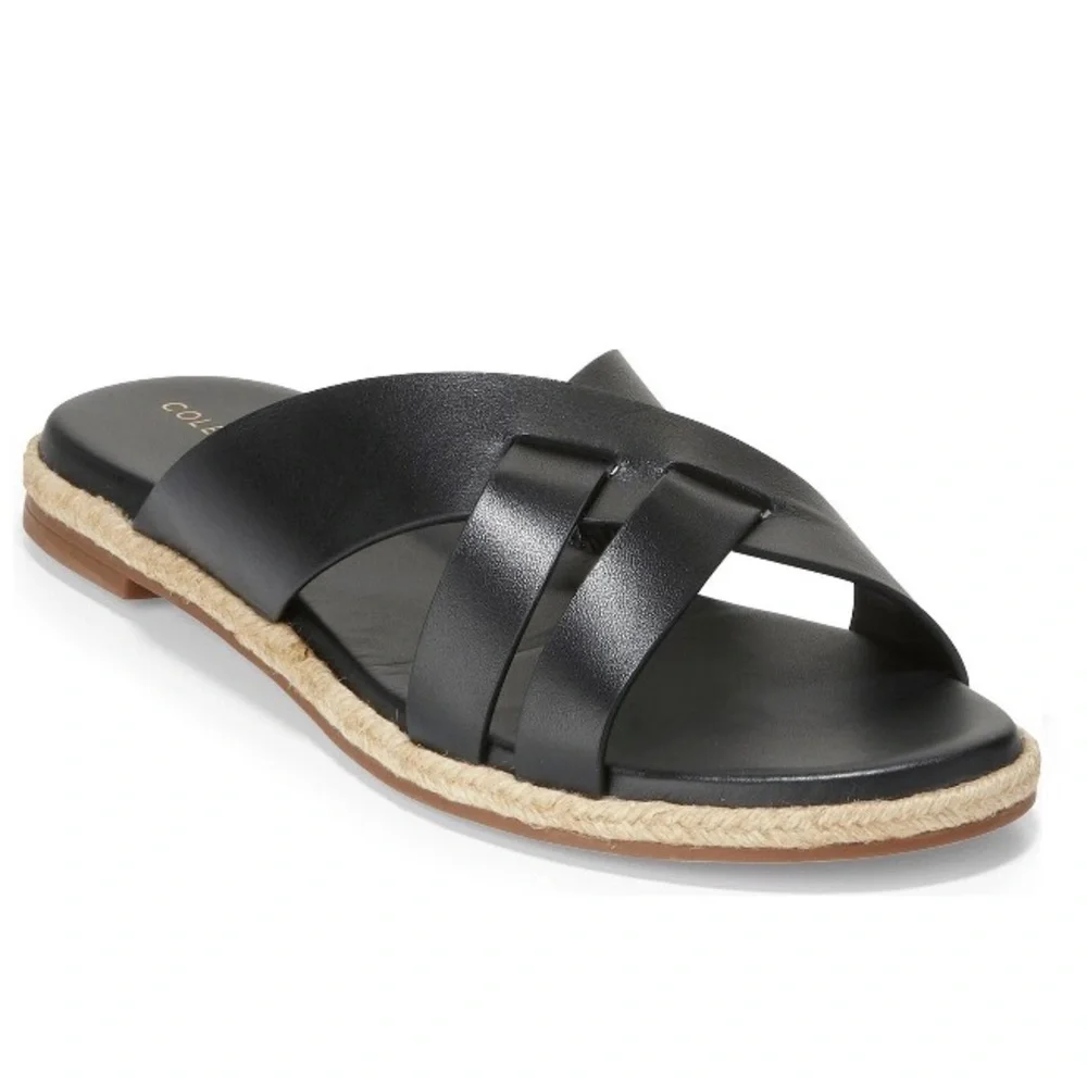 Cole Haan Black Leather Florens Espadrille Slide Sandal Size 7